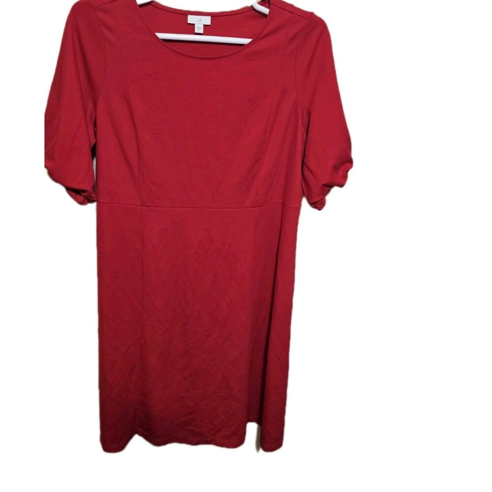 J. Jill Red Knit Dress XL Puff Sleeve A-Line Midi Casual Comfort Fit Stretch - Picture 2 of 11